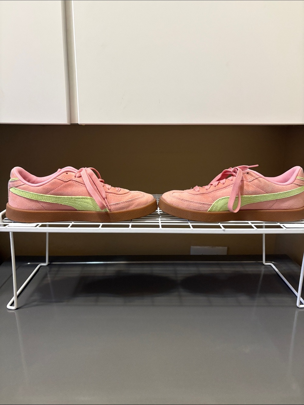 Puma Women's Coral Pink Suede Sneakers with Lime Stripe